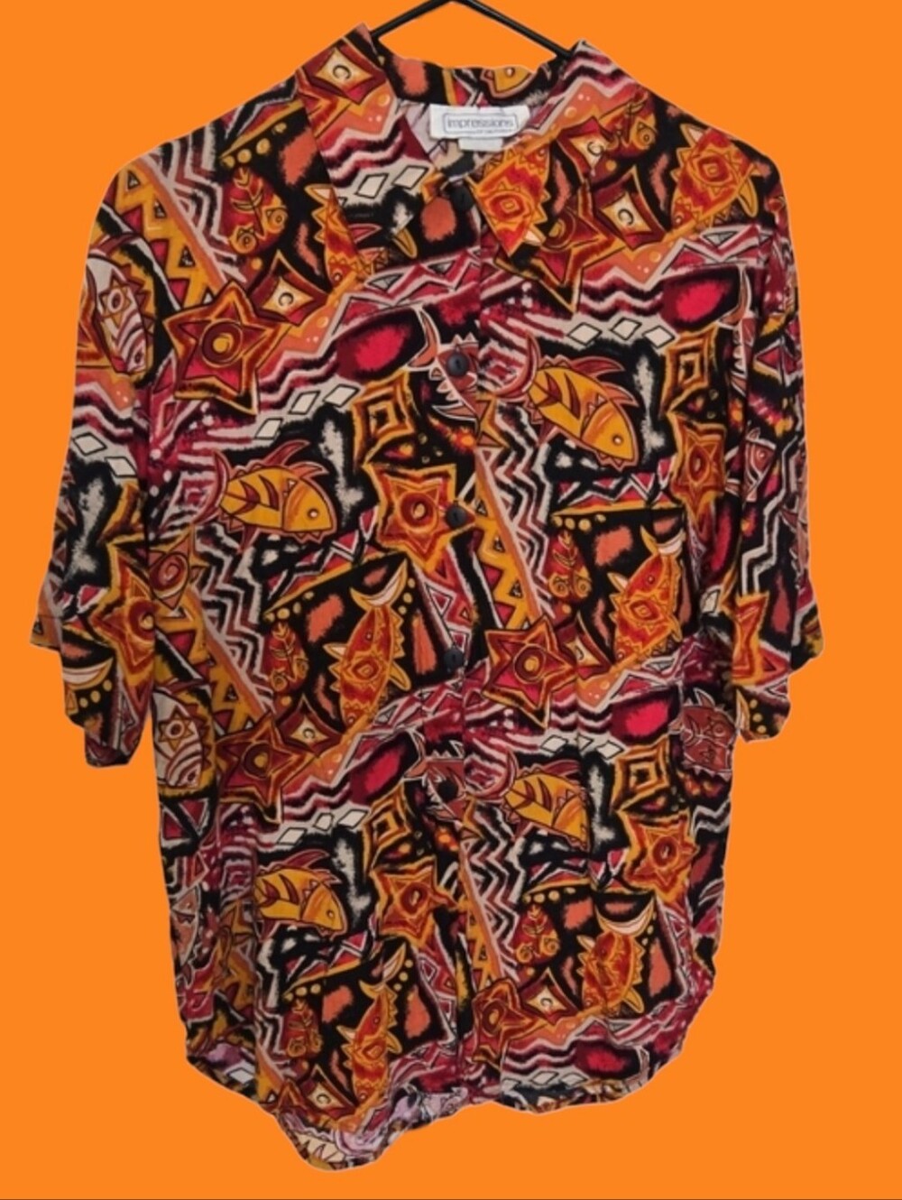 Vibrant Abstract Button-Down Shirt in Red, Orange & Black